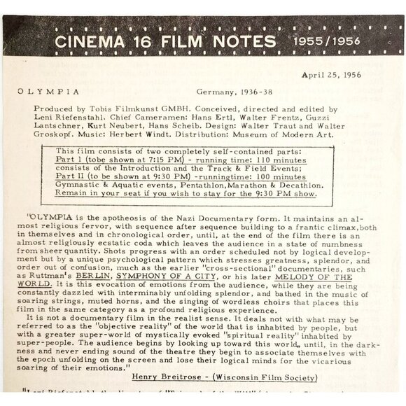 1956 Cinema 16 Film Notes Olympia Riefenstahl WW2 Germany Doc Original 2 C99 - Picture 1 of 3